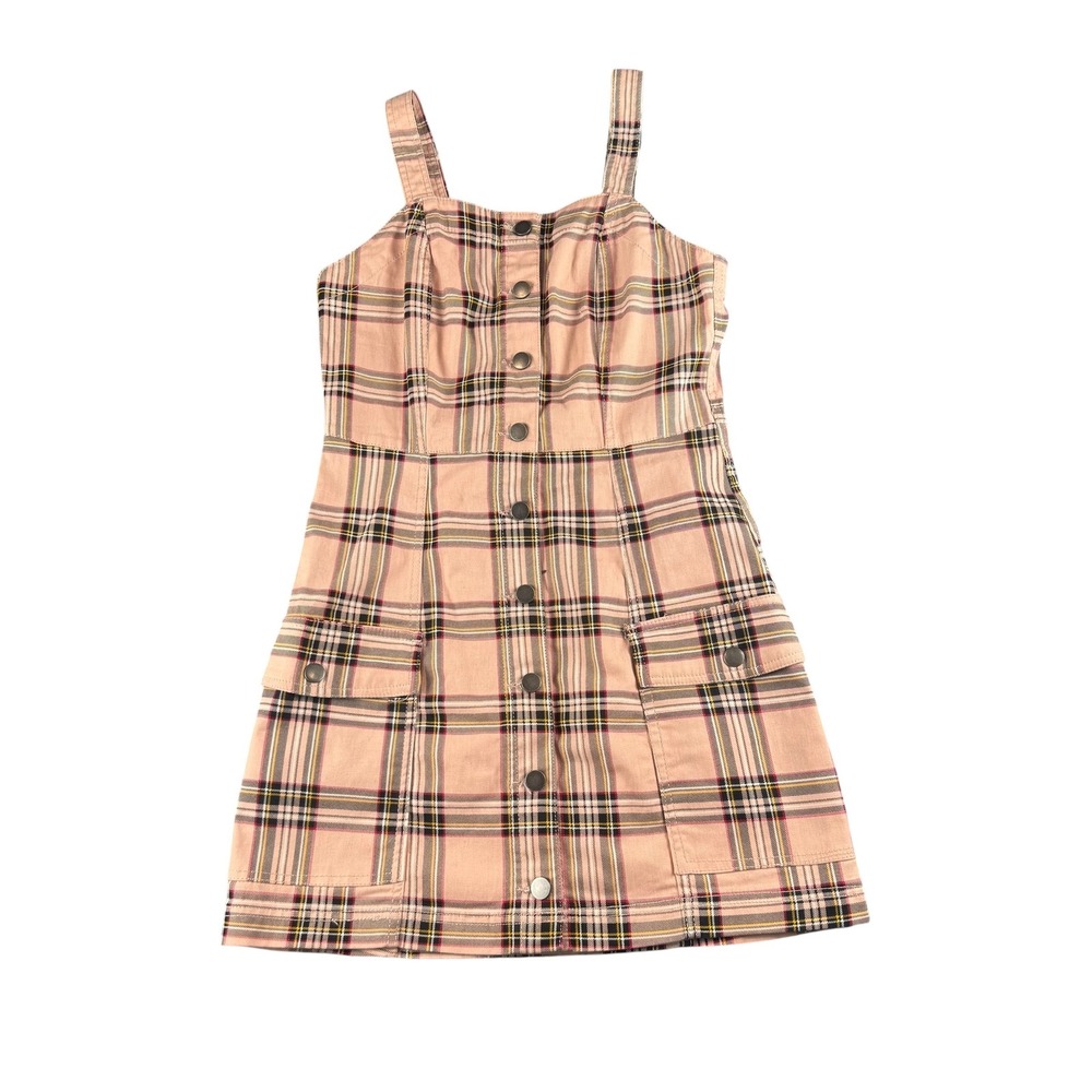 Tinsel Town Pink Plaid Button Front Mini Dress Small Sleeveless Cargo Pockets